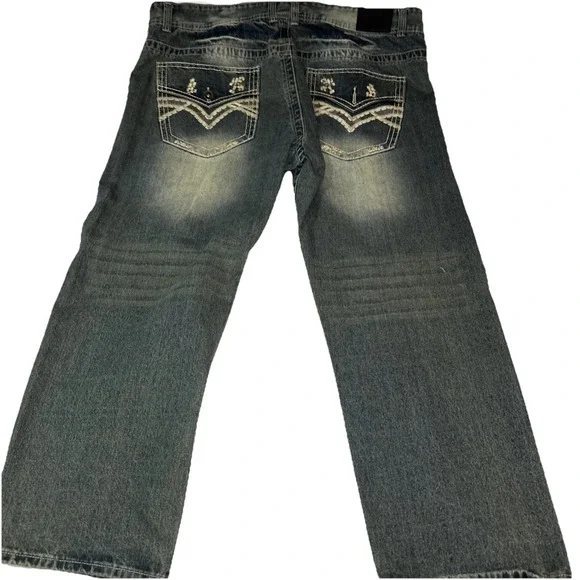 Y2K S2 Mens Wear Patch Embroidery Baggy Jeans  Hip Hop Vintage Blue Jeans 50x31 - Picture 2 of 14